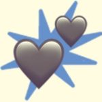 A duotoned dark purple and beige version of the Apple 'two hearts' emoji, in front of a dark blue starburst shape