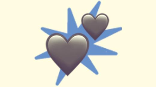 A duotoned dark purple and beige version of the Apple 'two hearts' emoji, in front of a dark blue starburst shape