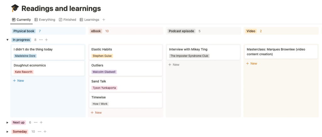 Screenshot of a Notion database called Readings and Learnings showing different columns for Physical book, eBook, Podcast episode and Video.