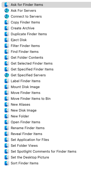 A list of Finder actions including 'ask for finder items', 'rename finder items' and 'sort finder items'