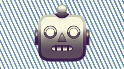 A duotoned dark purple and beige version of the Apple 'robot face' emoji, in front of a dark blue striped background