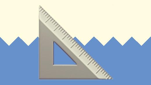 A duotoned dark purple and beige version of the Apple triangular ruler emoji, in front of a blue zig zag shape across the bottom of the image