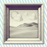 A duotoned dark purple and beige version of the Apple painting emoji, in front of a light blue striped background