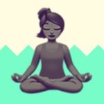 A duotoned dark purple and beige version of the Apple woman doing yoga emoji, in front of a bright green zig zag shape across the bottom of the image