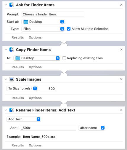 Screenshot of an Automator app workflow showing steps: ask for finder items, copy finder items, scale images and rename finder items: add text