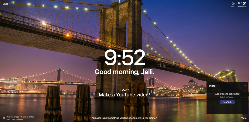 A screenshot of the Momentum browser extension showing a photo of the Brooklyn Bridge at night, the current time, "Good morning, Jalli" and a task reading "Make a YouTube video!"