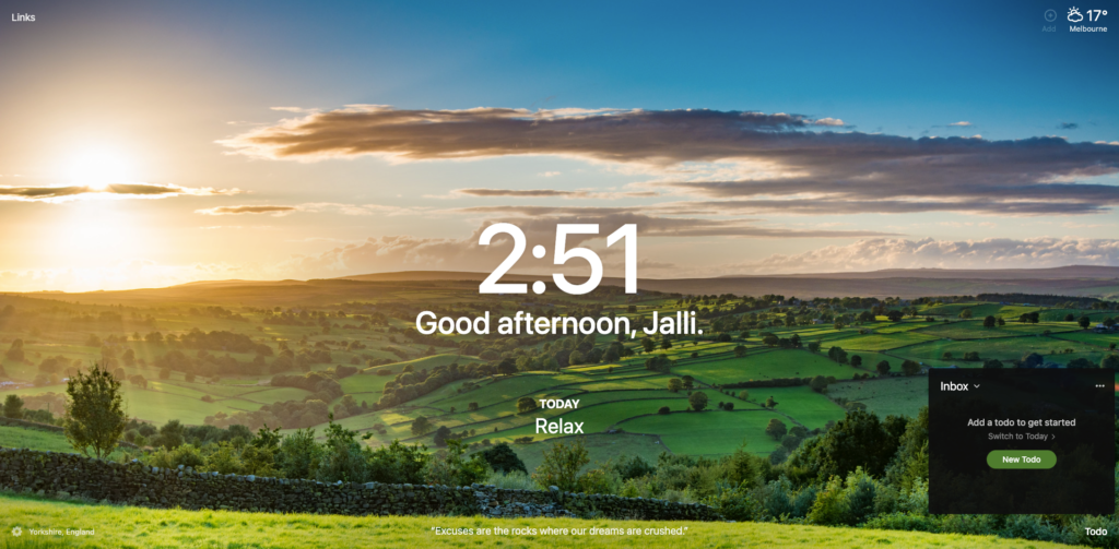 A screenshot of the Momentum browser extension showing sunkissed rolling country hills of Yorkshire England, the current time, "Good morning, Jalli", then under a 'Today' heading it says "Relax"