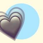 A duotoned dark purple and beige version of the Apple growing heart emoji, in front of a light blue circle background