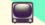 A duotoned dark purple and beige version of the Apple television emoji, in front of a neon green triangle across the top right corner