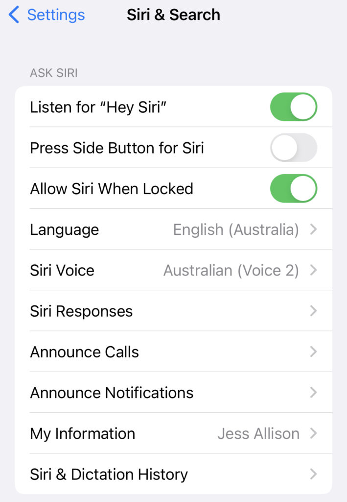 Screenshot of the Siri settings screen on an iPhone