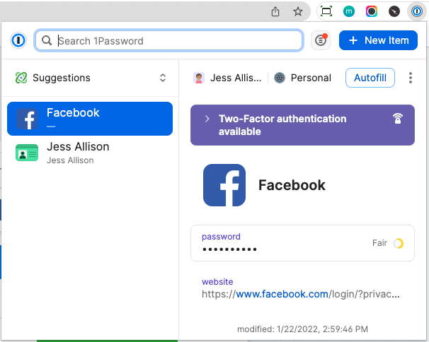 The 1Password browser extension showing an autofill selection for Facebook
