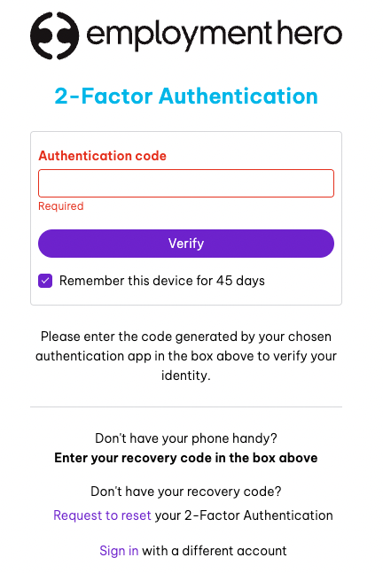 Screenshot of the Employment Hero two factor authentication code request screen