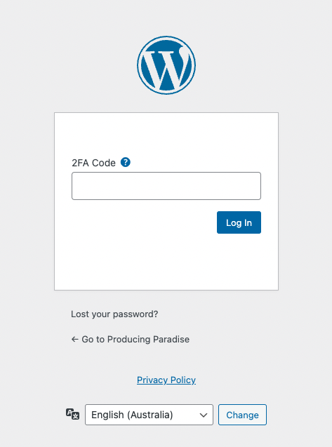 Screenshot of the WordPress two-factor authentication screen, showing "2FA Code" and a "Log in" button