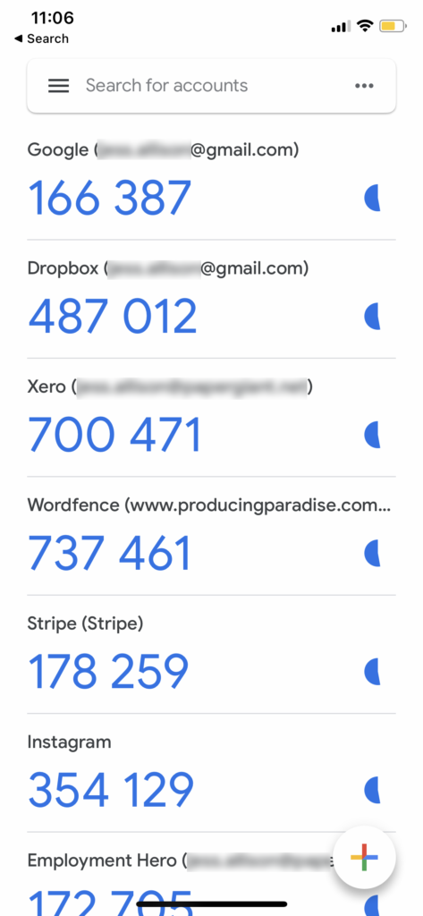 Screenshot of the Google Authenticator app screen showing different website names, each with a large numerical code underneath