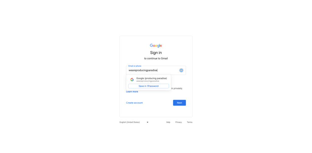 The Gmail login screen showing the password manager's suggested autofill
