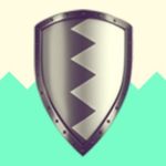 A duotoned dark purple and beige version of the Apple shield emoji, in front of a green zig zag shape across the bottom of the image
