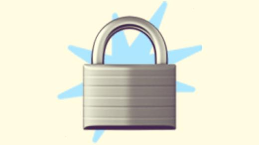 A duotoned dark purple and beige version of the Apple 'padlock' emoji, in front of a light blue starburst shape