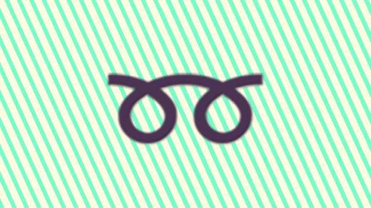 A duotoned dark purple and beige version of the Apple double loop emoji, in front of a green striped background