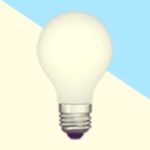 A duotoned dark purple and beige version of the Apple lightbulb emoji, in front of a light blue triangle across the top right corner