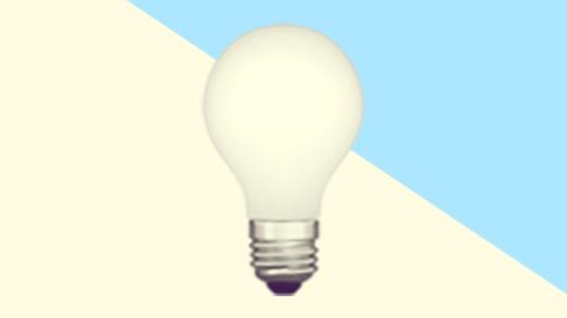 A duotoned dark purple and beige version of the Apple lightbulb emoji, in front of a light blue triangle across the top right corner