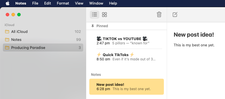 Screenshot of the Notes app on a Mac, showing a Producing Paradise folder with demo list of blog post ideas
