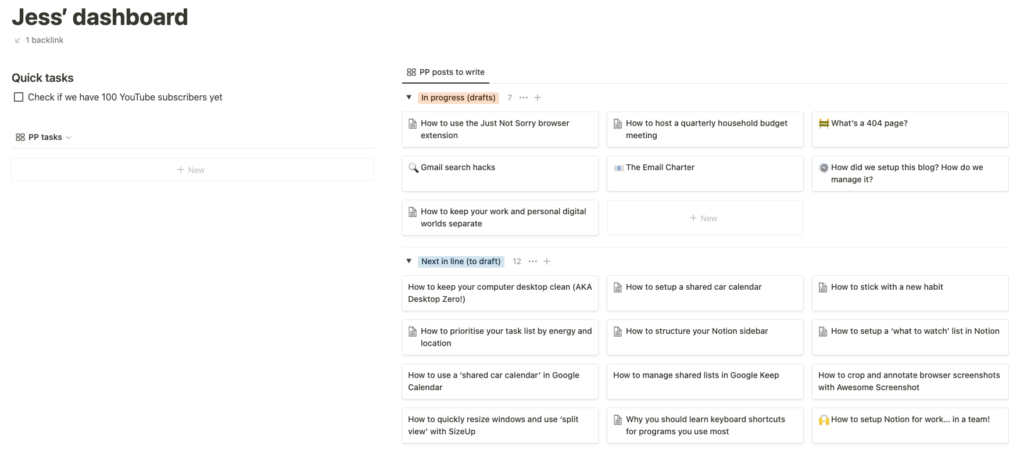 Screenshot of a Notion dashboard with a list of blog post ideas in progress, and next in line to draft