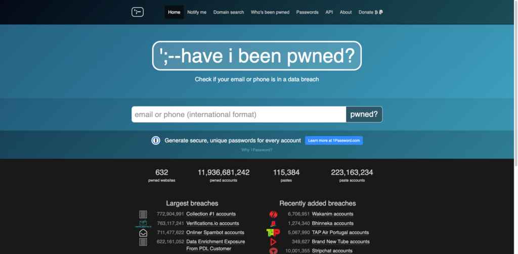 A screenshot of the 'Have I Been Pwned' website which says "Check if your email or phone is in a data breach"