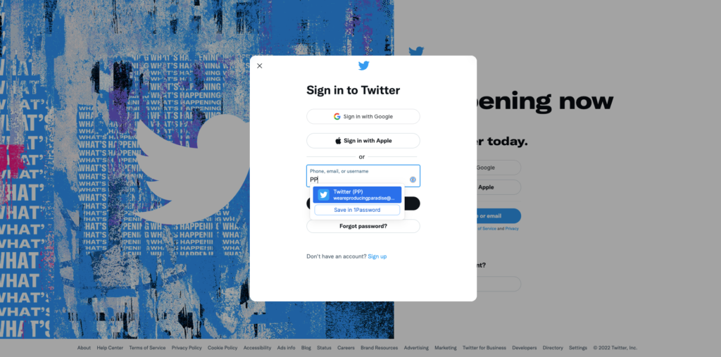 The Twitter login screen showing the password manager's suggested autofill