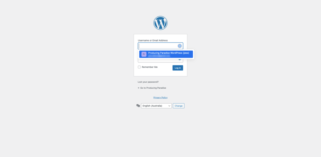 A WordPress login screen showing the password manager's suggested autofill
