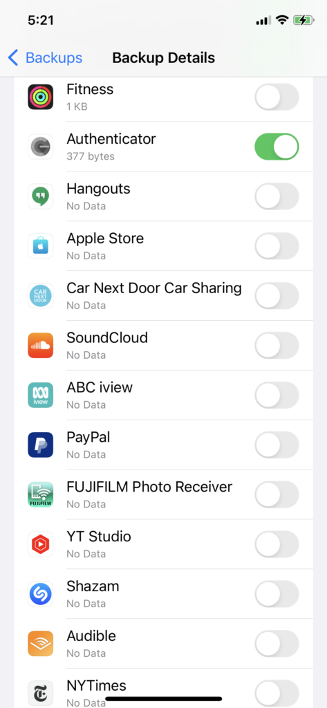 Screenshot of the iCloud backup settings screen showing all apps turned off except Google Authenticator