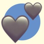 A duotoned dark purple and beige version of the Apple two hearts emoji, in front of a blue circle background