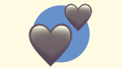 A duotoned dark purple and beige version of the Apple two hearts emoji, in front of a blue circle background