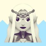 A duotoned dark purple and beige version of the Apple woman elf emoji, in front of a light blue zig zag shape across the bottom of the image
