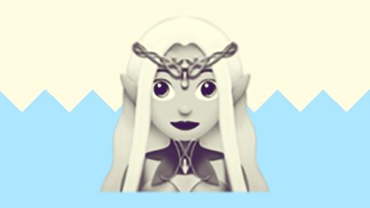 A duotoned dark purple and beige version of the Apple woman elf emoji, in front of a light blue zig zag shape across the bottom of the image