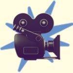 A duotoned dark purple and beige version of the Apple film camera emoji, in front of a blue starburst shape