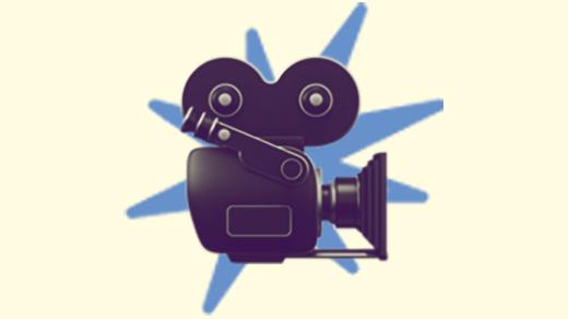 A duotoned dark purple and beige version of the Apple film camera emoji, in front of a blue starburst shape