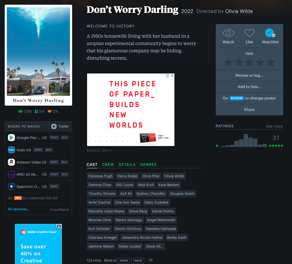 Screenshot of the Don't Worry Darling film page on Letterboxd showing the poster, where to watch, a brief description and cast information