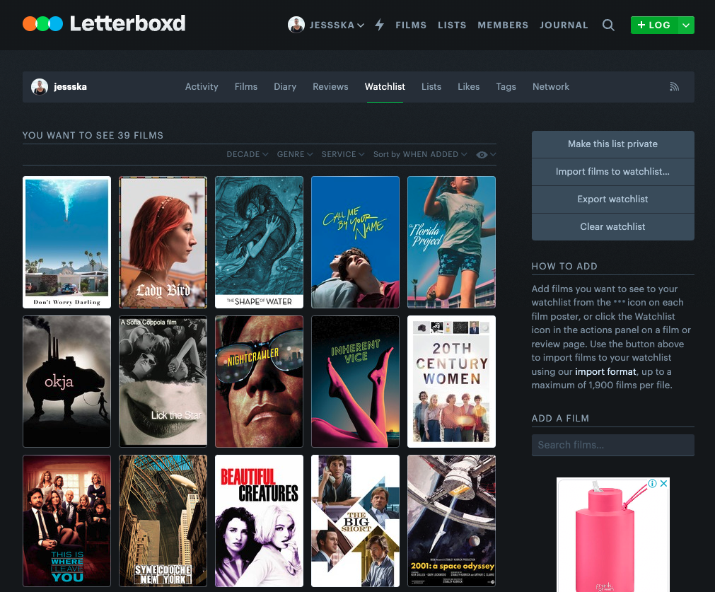 Screenshot of the Letterboxd Watchlist page showing a grid of film posters