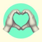 A duotoned dark purple and beige version of the Apple heart hands emoji, in front of a neon green circle background