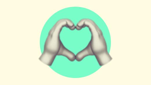 A duotoned dark purple and beige version of the Apple heart hands emoji, in front of a neon green circle background