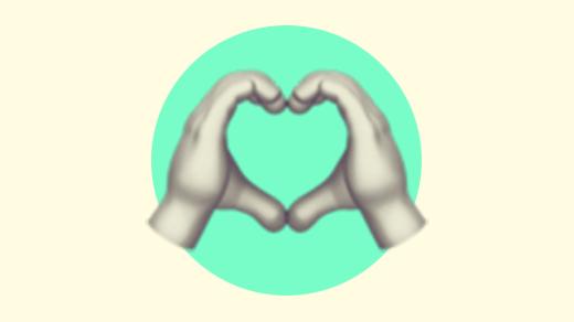 A duotoned dark purple and beige version of the Apple heart hands emoji, in front of a neon green circle background