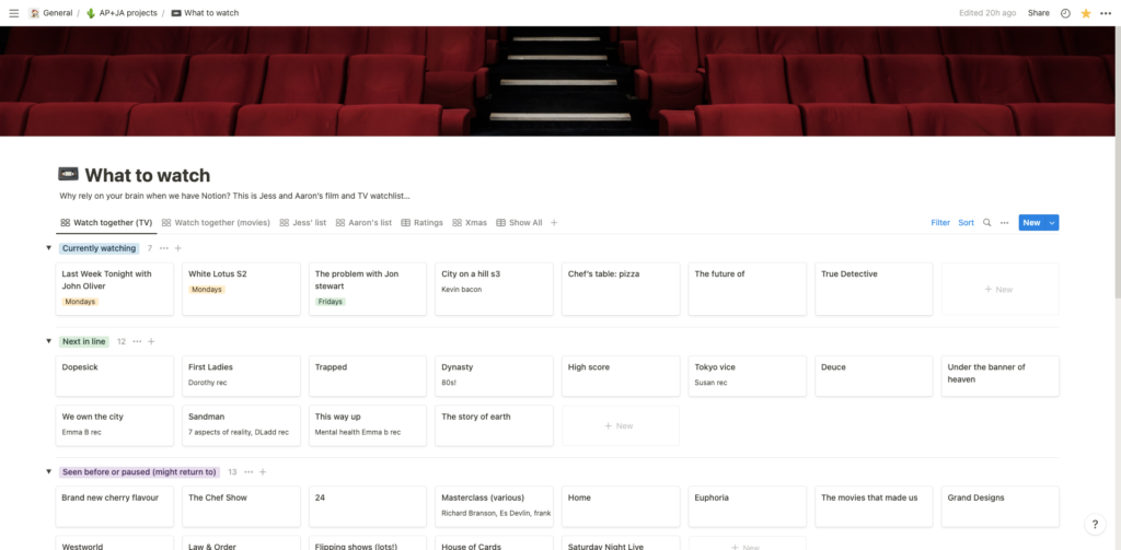 Screenshot of a database in Notion called What To Watch with films listed under Currently watching, Next in line, and Seen before or paused (might return to)