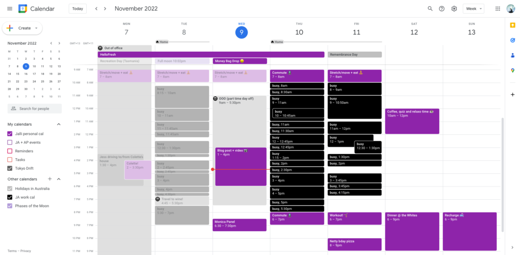 Screenshot of a week view in Google Calendar showing purple personal events and black work events