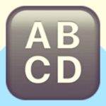 A duotoned dark purple and beige version of the Apple ABCD emoji, in front of a light blue zig zag shape across the bottom of the image