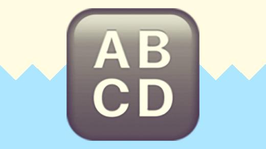 A duotoned dark purple and beige version of the Apple ABCD emoji, in front of a light blue zig zag shape across the bottom of the image