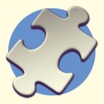 A duotoned dark purple and beige version of the Apple puzzle piece emoji, in front of a blue circle background