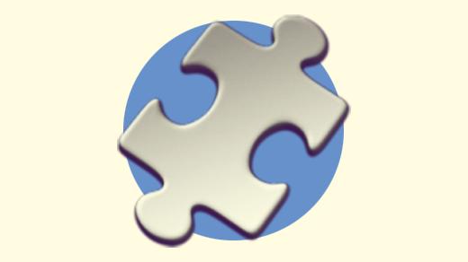 A duotoned dark purple and beige version of the Apple puzzle piece emoji, in front of a blue circle background