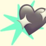 A duotoned dark purple and beige version of the Apple sparkling heart emoji, in front of a neon green starburst shape