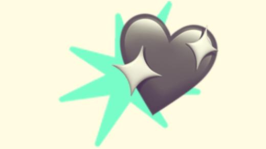 A duotoned dark purple and beige version of the Apple sparkling heart emoji, in front of a neon green starburst shape
