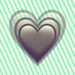 A duotoned dark purple and beige version of the Apple growing heart emoji, in front of a neon green striped background